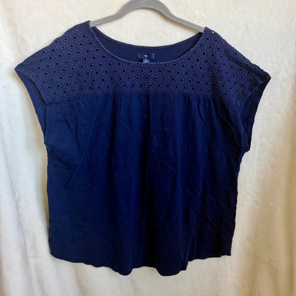 Gap Womens Navy Blue Eyelet Yoke Short Sleeve Relaxed Fit Top Cap Sleeve XL